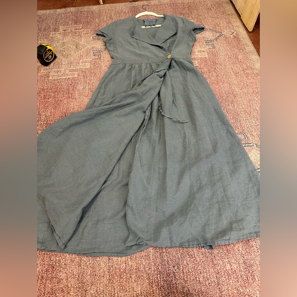 Yuvita linen collared maxi wrap dress size medium in grey green - Picture 11 of 16